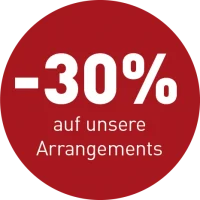 Rotes kreisförmiges Abzeichen mit weißem Text, der lautet: -30% auf unsere Arrangements, was auf einen Rabatt von 30% auf ihre Arrangements hinweist.